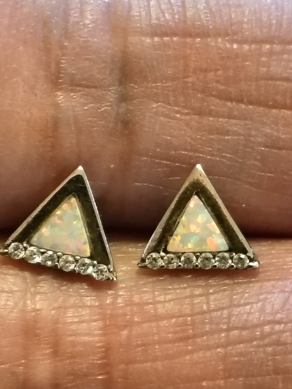 Vintage 925 Triangle Fire Opal & Cz Stud Earrings -Fire Opal Signed C S925